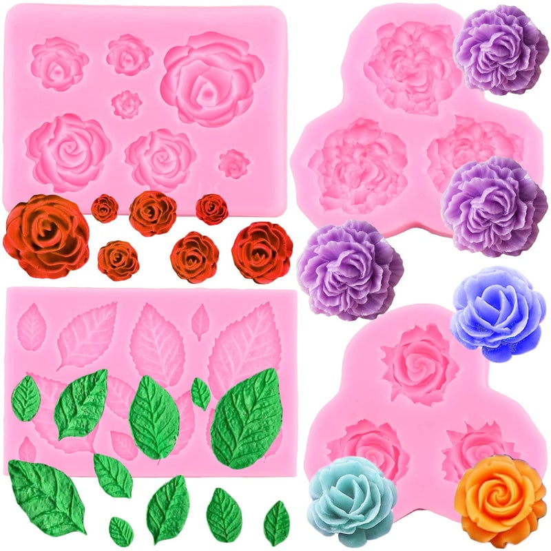 Zixiang Rose Flower Candy Mold Leaf Fondant Molds Peony Flowers Silicone Molds for Sugar Craft Chocolate Gum Paste Cake Decorating Cupcake Topper Set Of 4