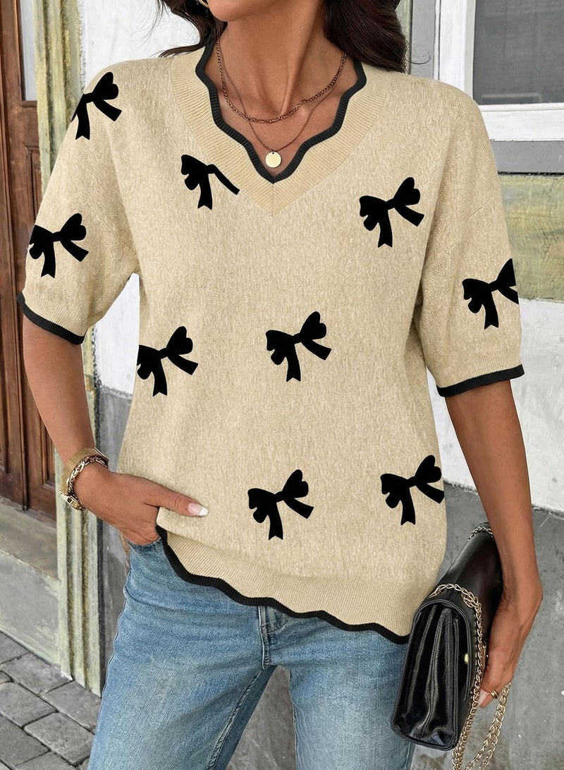 Dokotoo Spring Tops for Women 2026 Fashion Dressy Casual Short Sleeve Pullover Sweaters Classic V Neck Knit Blouses Trendy Pullovers Summer Solid Color Tunic Top Clothes Beige Medium - Image 3
