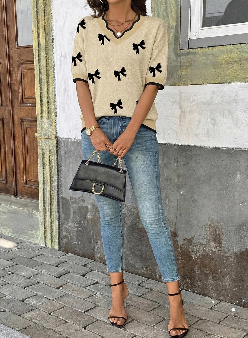 Dokotoo Spring Tops for Women 2026 Fashion Dressy Casual Short Sleeve Pullover Sweaters Classic V Neck Knit Blouses Trendy Pullovers Summer Solid Color Tunic Top Clothes Beige Medium - Image 5