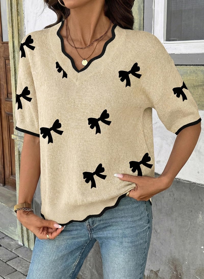 Dokotoo Spring Tops for Women 2026 Fashion Dressy Casual Short Sleeve Pullover Sweaters Classic V Neck Knit Blouses Trendy Pullovers Summer Solid Color Tunic Top Clothes Beige Medium - Image 4