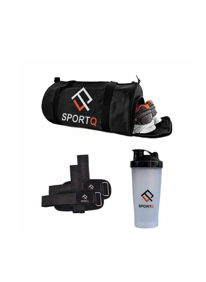 SportQ A set of multiple products from SportQ that help you in exercising. A large-capacity bag, a special pocket for carrying shoes, a protein shaker, and a tensioner that helps in lifting weights.  - Image 1