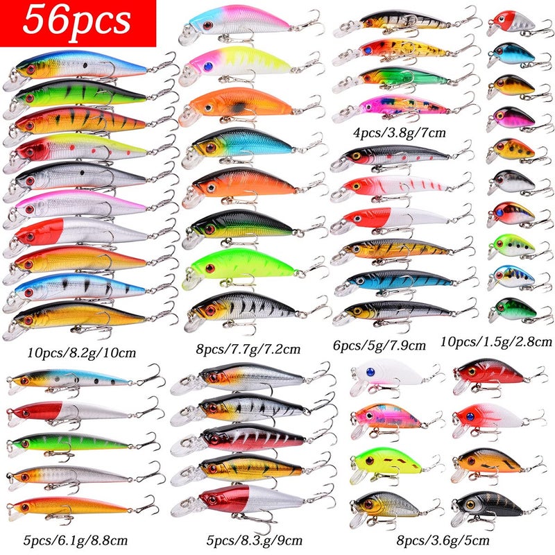 Aorace 56pcs Fishing Lures Large Hard Bait Minnow VIB Lure with Treble Hook Life-Like Swimbait Fishing Bait Popper Crankbait Vibe Sinking Lure for Bass Trout Walleye Redfish - Image 2