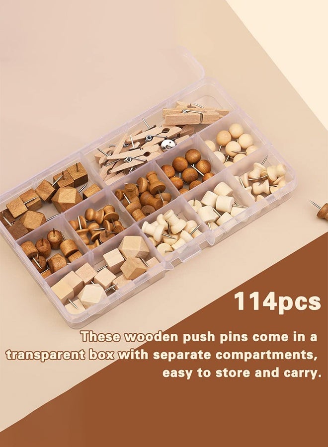 Organizer 114 Pcs Wood Push Pins, 2 Colors and 7 Types Decorative Thumb Tacks Wooden Head Pin Map Tacks Marking Pin, Wood Thumb Tacks Decorative for Bulletin Boards Craft Projects with Storage Box - Image 3