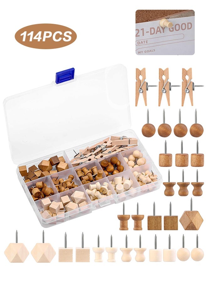 Organizer 114 Pcs Wood Push Pins, 2 Colors and 7 Types Decorative Thumb Tacks Wooden Head Pin Map Tacks Marking Pin, Wood Thumb Tacks Decorative for Bulletin Boards Craft Projects with Storage Box - Image 1