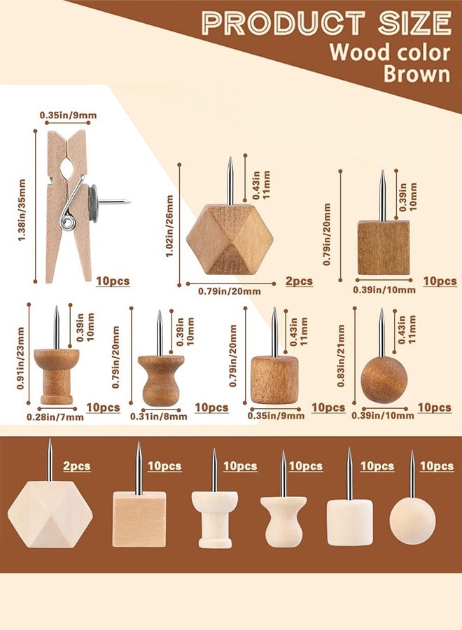 Organizer 114 Pcs Wood Push Pins, 2 Colors and 7 Types Decorative Thumb Tacks Wooden Head Pin Map Tacks Marking Pin, Wood Thumb Tacks Decorative for Bulletin Boards Craft Projects with Storage Box - Image 2