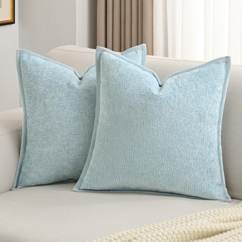 FUTEI Light Blue Chenille Throw Pillow Covers 18x18 Inch Set of 2,Soft Cozy Bound Edge Design Cushion Case,Home Decor for Couch Bed Living Room - Image 1