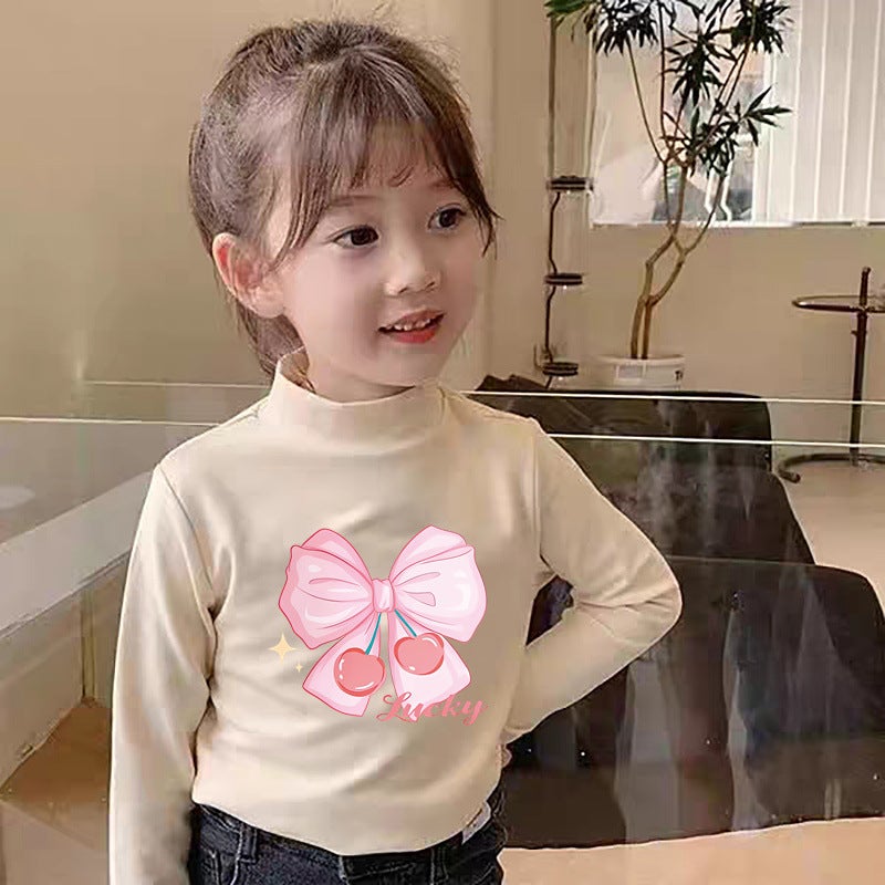 Y2007# Girls' Long Sleeve T-Shirt Top Base Shirt De Velvet Semi-High Collar Children'S Boys' Autumn Warm T-Shirt - Image 1