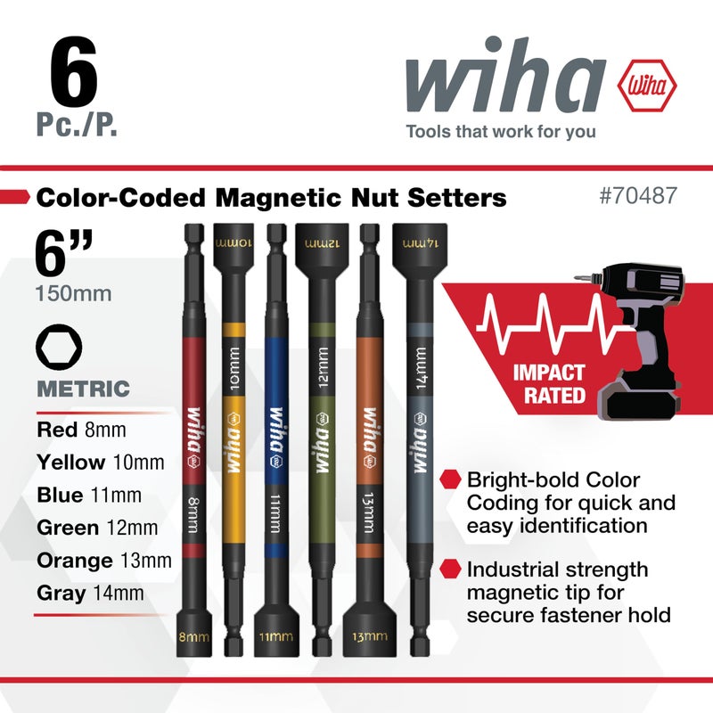 Wiha 70487 Magnetic Nut Setter Set, 6 Piece Metric, Color Coded, 1/4-Inch Hex Drive, Impact Rated - Image 3