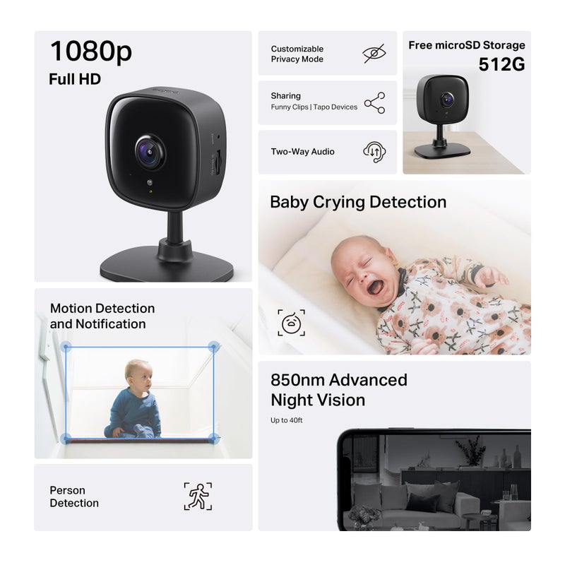 Tapo 1080P Indoor Wired Security Camera - Works as a Baby Monitor & Pet Camera, Motion Detection, 2-Way Audio, Siren, Night Vision, Subscription-Free Local Storage or Optional Cloud, C101(4-Pack) - Image 2