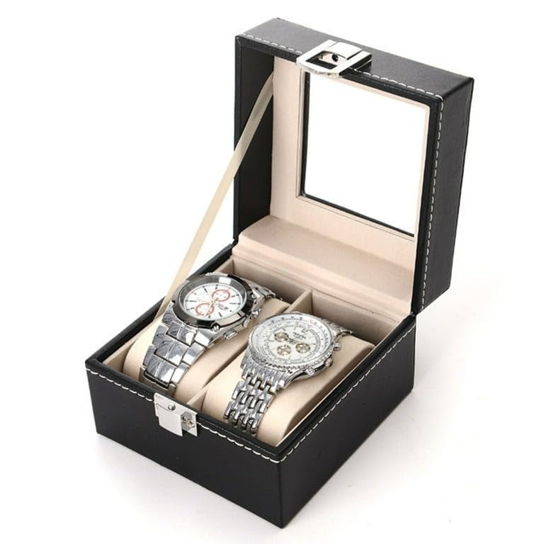 OTIPORTER Watch Storage Box Leather Jewelry Storage Organizer Case Portable Watch Case Holder Transparent Window Watch Collection With Lock Wrist Watch Display Box Storage Holder (2 Slot Watch Box) - Image 3