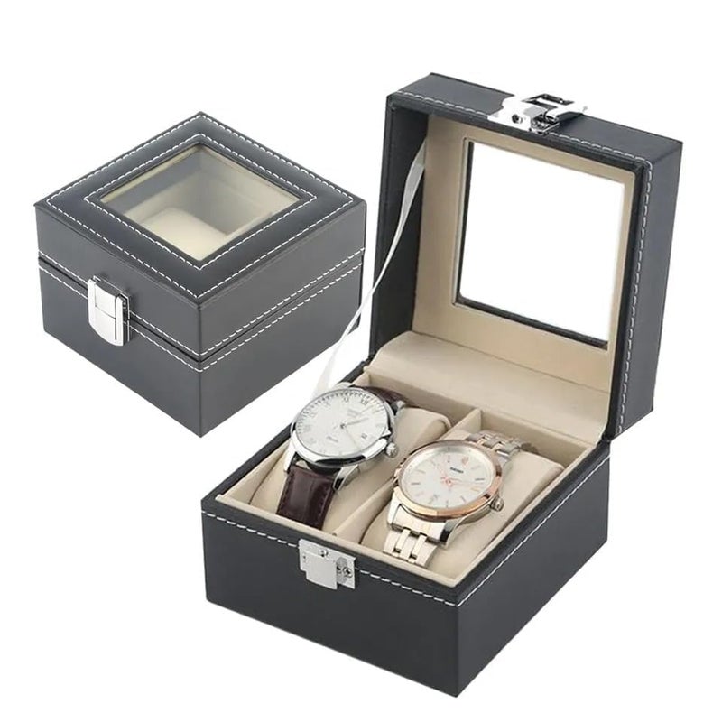 OTIPORTER Watch Storage Box Leather Jewelry Storage Organizer Case Portable Watch Case Holder Transparent Window Watch Collection With Lock Wrist Watch Display Box Storage Holder (2 Slot Watch Box) - Image 1