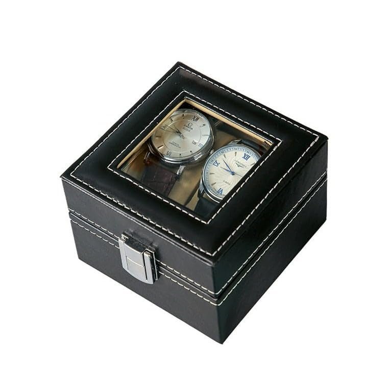 OTIPORTER Watch Storage Box Leather Jewelry Storage Organizer Case Portable Watch Case Holder Transparent Window Watch Collection With Lock Wrist Watch Display Box Storage Holder (2 Slot Watch Box) - Image 2