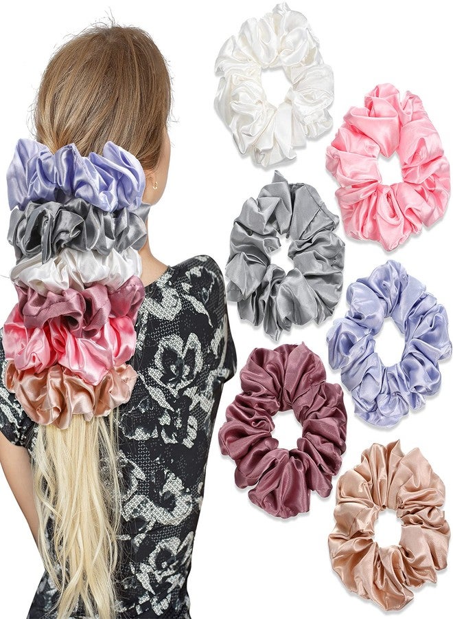 Chuangdi 6 Pieces Big Satin Scrunchies for Women, Jumbo Silk Scrunchies Thick Elastic Jumbo Hair Tie Galentine Valentine's Day Gifts(Champagne, White, Silver Grey, Light Pink, Bean Red, Light Blue) - Image 1