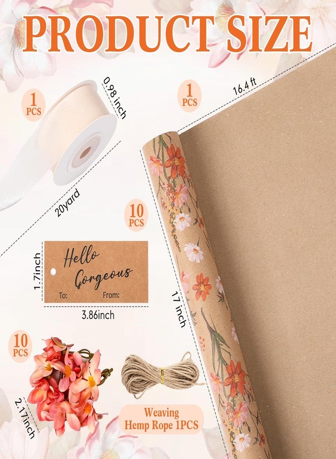 ForraFun 10 Sets Gift Wrap Supplies, 17 in x 16.4 ft Wrapping Paper Roll with Flowers Tags Ribbons Gift Wrap Kit for Women Mother's Day Wedding Bridal Shower Birthday Gifts(Orange Daisy - Image 2