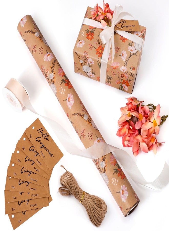 ForraFun 10 Sets Gift Wrap Supplies, 17 in x 16.4 ft Wrapping Paper Roll with Flowers Tags Ribbons Gift Wrap Kit for Women Mother's Day Wedding Bridal Shower Birthday Gifts(Orange Daisy - Image 1