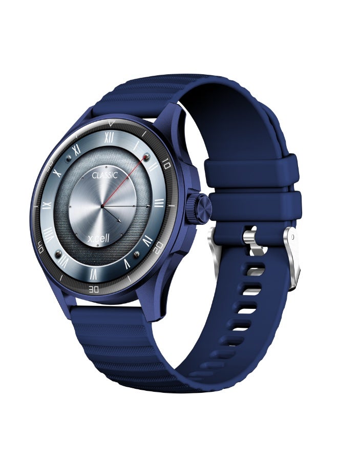 Xcell Classic6 Smartwatch, 1.43" AMOLED Display, Bluetooth Calling, 2 Premium Straps, Heart-Rate/BP/SpO₂, Multi Language, IP68, 7-Day Battery, iOS/Android Compatible-Blue Frame with Blue Strap