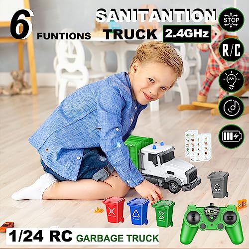 CALEST 24Ghz Remote Control Garbage Truck Toys124 RC Garbage Truck with 4 Trash cans 6 Channel Remote Control Waste Management Garbage Truck 100pcs Garbage Sorting Cards Gifts for Boys 3 - Image 5