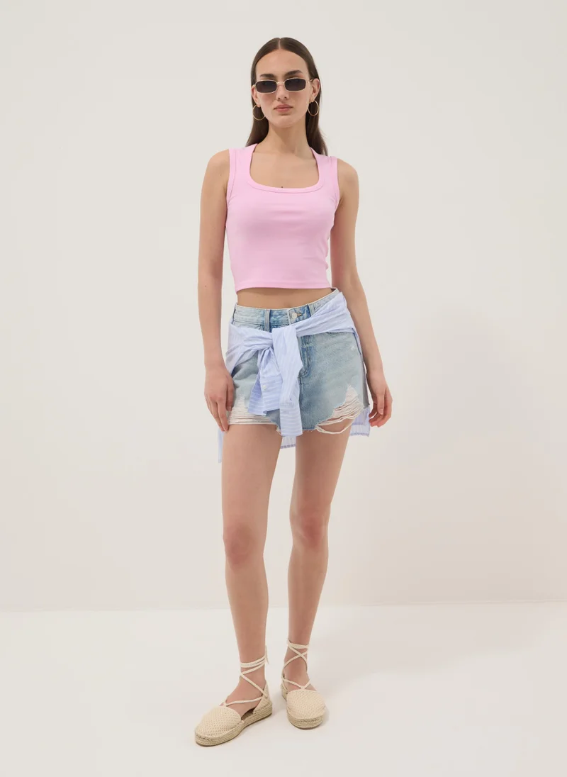 او في اس OVS Pink Cropped Stretch-Cotton Tank Top