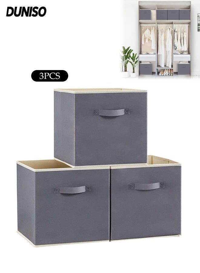 DUNISO 3 Pack Collapsible Storage Bins, Fabric Bins with Handles, Large Capacity Storage Cubes，Suitable for Books Toys Clothes and Sundries(Grey，33x33x33 cm) - Image 1