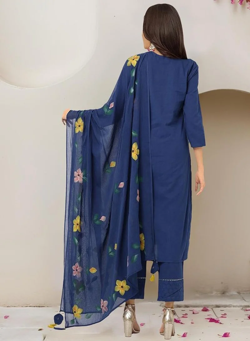 ISHIN Women's Navy Cotton Self Designed Tunic Upper Full Length Palazzo Bottom Regular Fit 3 Piece Kurta Set