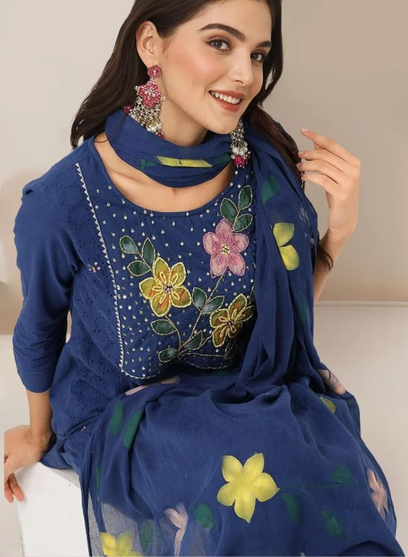ISHIN Women's Navy Cotton Self Designed Tunic Upper Full Length Palazzo Bottom Regular Fit 3 Piece Kurta Set
