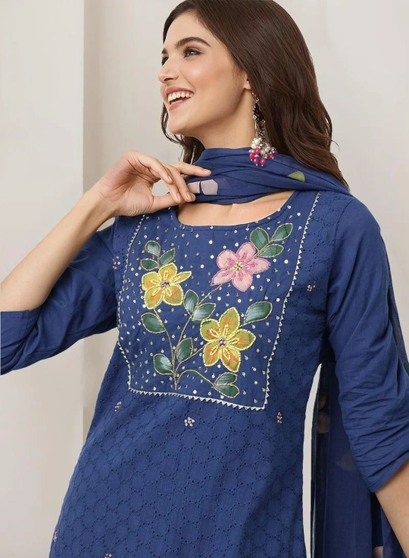 ISHIN Women's Navy Cotton Self Designed Tunic Upper Full Length Palazzo Bottom Regular Fit 3 Piece Kurta Set
