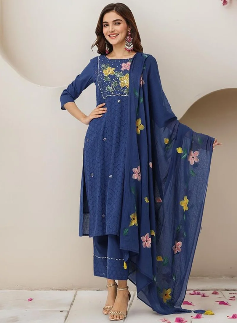 آي شين طقم كورتا نسائي من  قطع بلون كحلي قطن بتصميم ذاتي مع بنطلون بالازو طويل بالكامل بقصة عادية