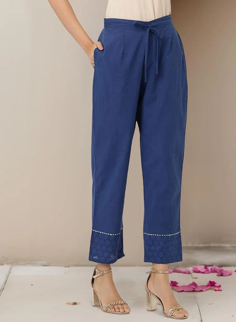 ISHIN Women's Navy Cotton Self Designed Tunic Upper Full Length Palazzo Bottom Regular Fit 3 Piece Kurta Set