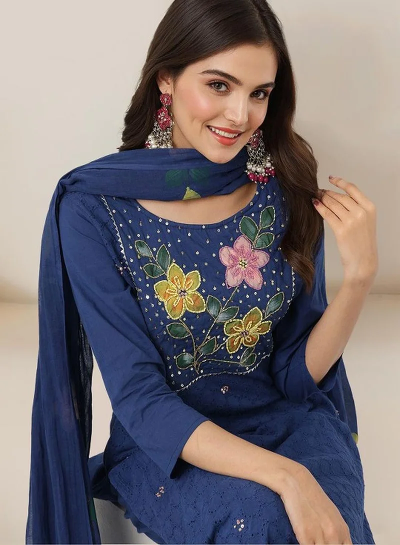 آي شين طقم كورتا نسائي من  قطع بلون كحلي قطن بتصميم ذاتي مع بنطلون بالازو طويل بالكامل بقصة عادية