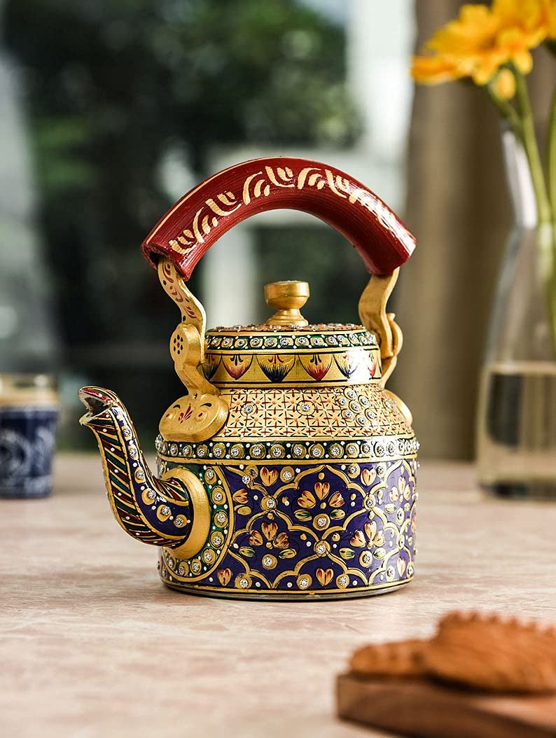 Taluka Colorful Figurine Traditional Print Hand Painted Aluminum Kettle Pot for Serving Home Dcor Decorative Tea Kettle Pot Showpiece - Image 1