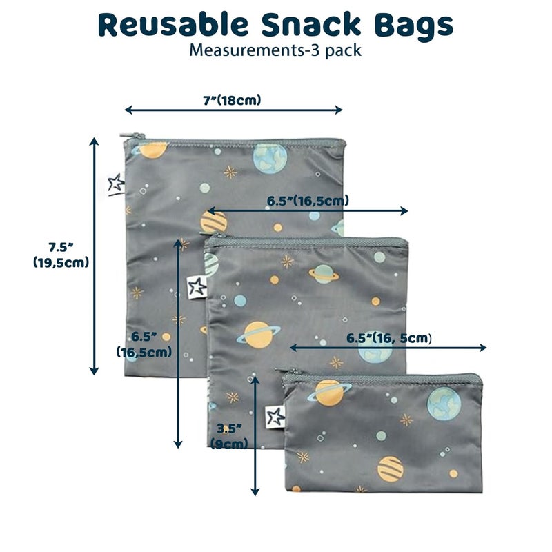 Tiny Twinkle Reusable Snack Bags for Kids – 3 Pack Snack Pouches & Sandwich Bag for Toddlers – Machine Washable, Mess-Proof for Lunch & Travel (Space) - Image 2