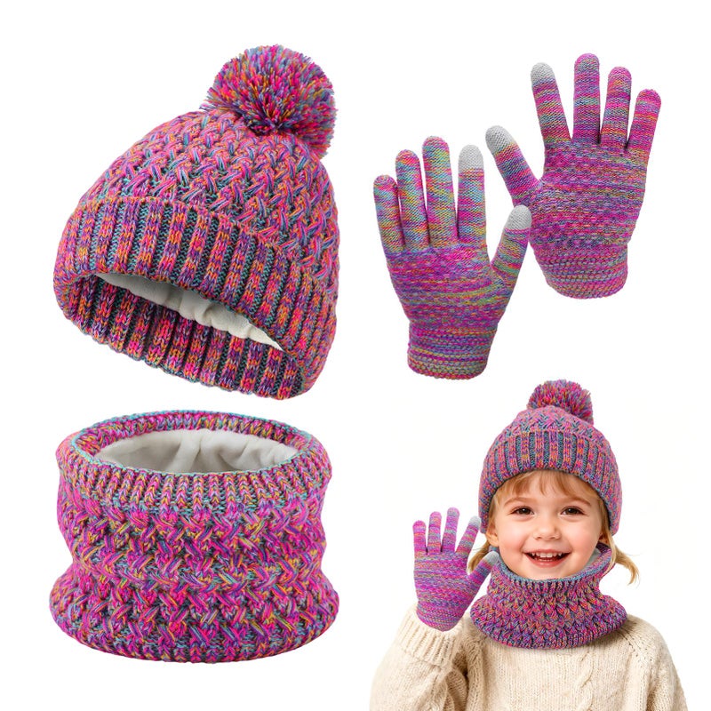Beeplove Hat and Gloves for Girls - Kids Winter Warm Soft Beanie Scarf Gloves Set with Pompom, Girls Gifts, Purple Red Mix - Image 1