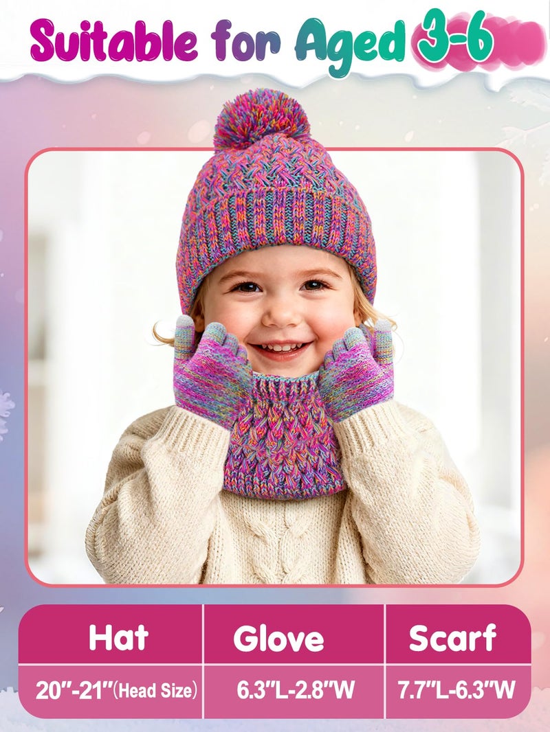 Beeplove Hat and Gloves for Girls - Kids Winter Warm Soft Beanie Scarf Gloves Set with Pompom, Girls Gifts, Purple Red Mix - Image 4