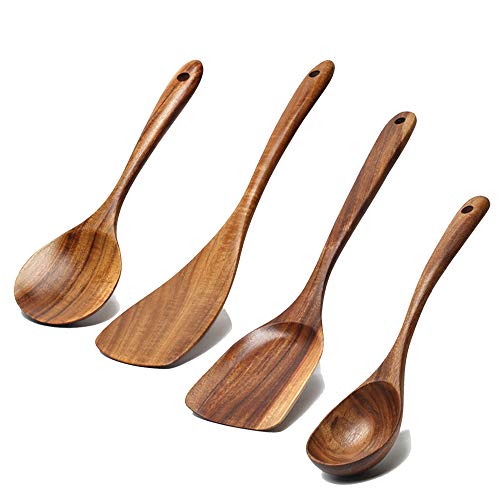 Renawe 5 Pcs Best Wooden Spoons for Cooking Kitchen Utensils Set Acacia Wood Cooking Spatula Turner Non Toxic Utensil Slotted Serving Spoon Flat Spatulas Set Wooden Utensis Mixing Cooking Spoon Kitchen Tools - Image 2