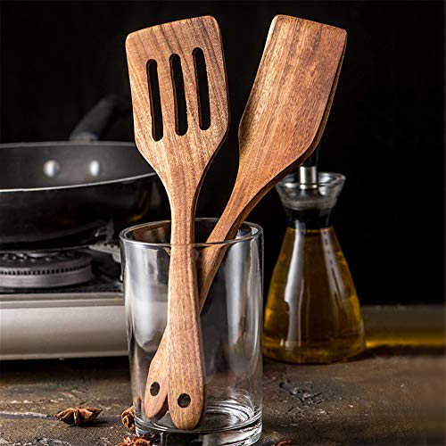Renawe 5 Pcs Best Wooden Spoons for Cooking Kitchen Utensils Set Acacia Wood Cooking Spatula Turner Non Toxic Utensil Slotted Serving Spoon Flat Spatulas Set Wooden Utensis Mixing Cooking Spoon Kitchen Tools - Image 4