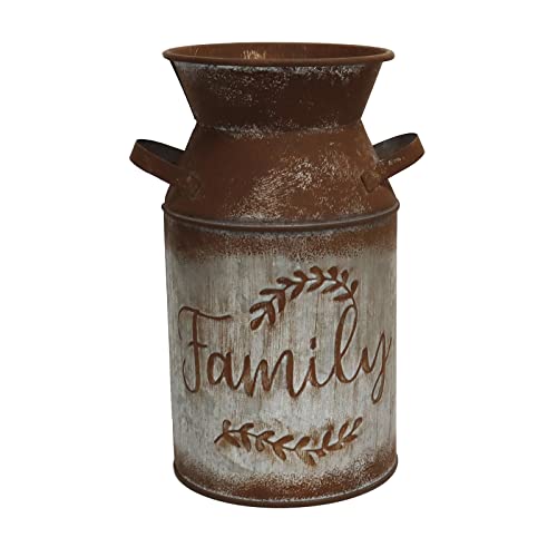 Fauevav Galvanized Milk Can with Greetings, Antique Retro Vase Metal Planter Rustic Vintage Primitive Flower Holder Farmhouse Country Plant for Home Office Decor, 7.5” (Brown) - Image 1