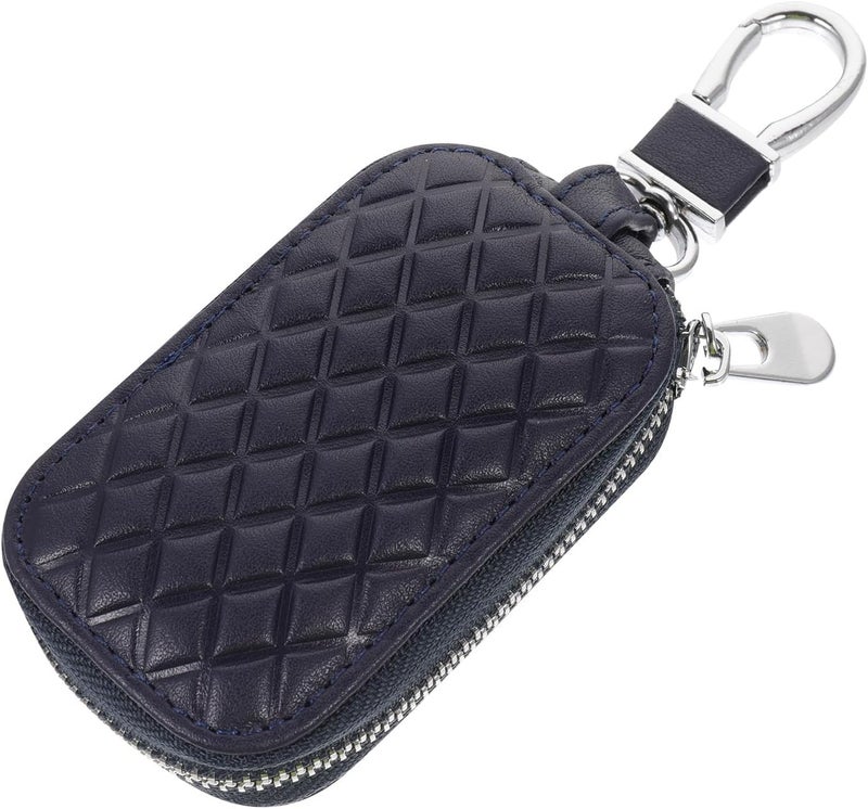 Blue Genuine Leather Car Key Fob Cover Universal Key Protector Zipper Bag - Image 1