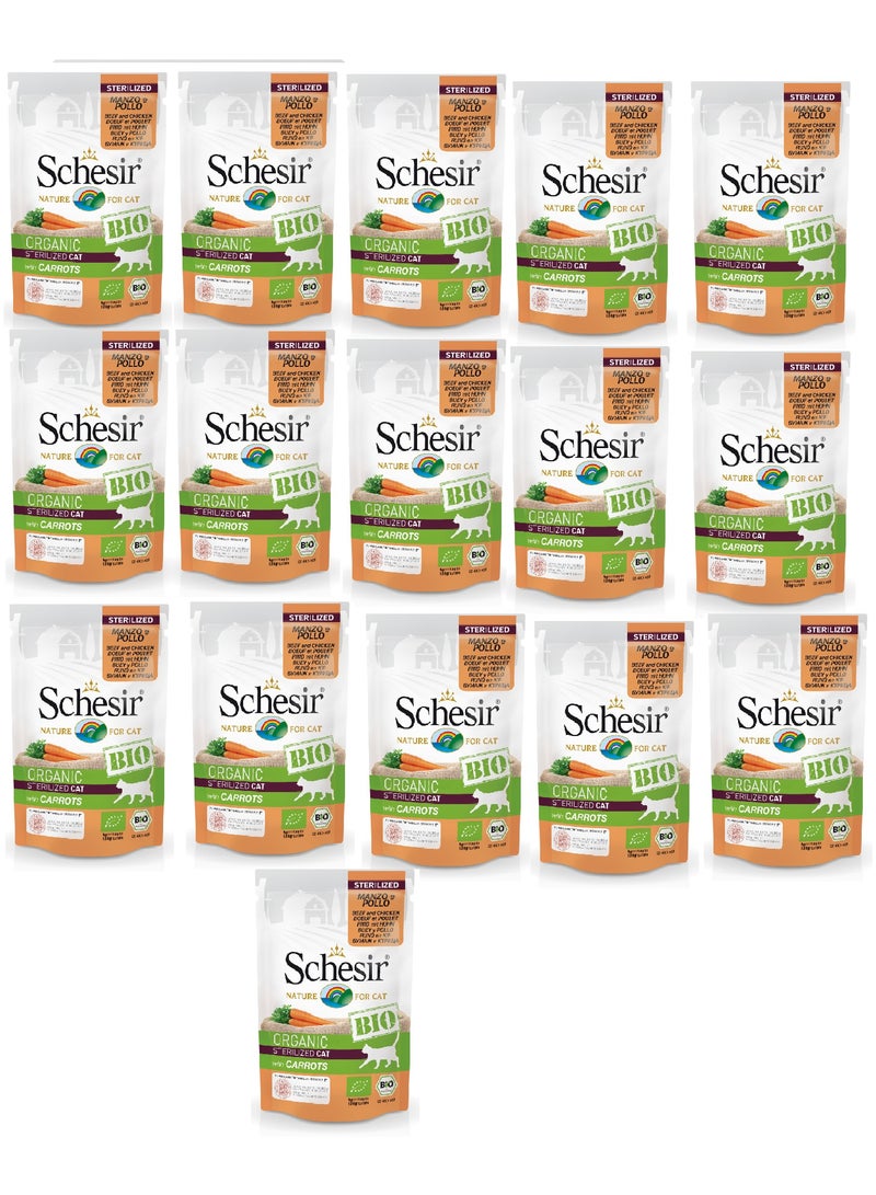 Schesir 16 قطعة طعام قطط رطب معقم من لحم البقر والدجاج والجزر 85 جرام - Image 1