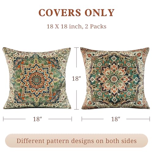 QoBexim Boho Soft Velvet Throw Pillow Covers 18x18 in Vintage Kilim Carpet Tribal Pattern Pillowcases, Antique Ethnic Decor, Geometric Pattern Cushion Cover for Sofa, Living Room, Green, 2 Pack - Image 3