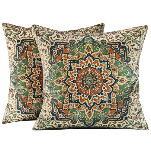 QoBexim Boho Soft Velvet Throw Pillow Covers 18x18 in Vintage Kilim Carpet Tribal Pattern Pillowcases, Antique Ethnic Decor, Geometric Pattern Cushion Cover for Sofa, Living Room, Green, 2 Pack - Image 1