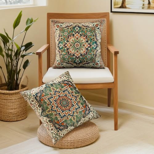 QoBexim Boho Soft Velvet Throw Pillow Covers 18x18 in Vintage Kilim Carpet Tribal Pattern Pillowcases, Antique Ethnic Decor, Geometric Pattern Cushion Cover for Sofa, Living Room, Green, 2 Pack - Image 5