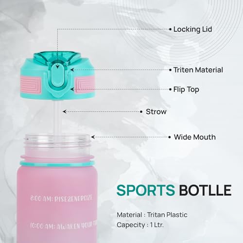 SKYTONE Water Bottle 1 Litre with Motivational Time Marker For Adults, Non-Toxic Water bottle for office, Water bottle for gym, Running Sports Water Bottle (1L SAPPHIRE BLACK) (Pink) - Image 4