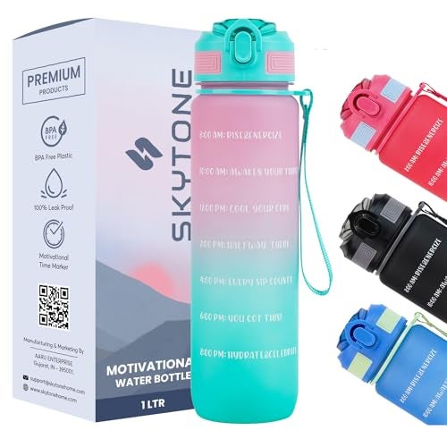 SKYTONE Water Bottle 1 Litre with Motivational Time Marker For Adults, Non-Toxic Water bottle for office, Water bottle for gym, Running Sports Water Bottle (1L SAPPHIRE BLACK) (Pink) - Image 1