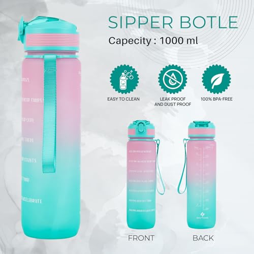 SKYTONE Water Bottle 1 Litre with Motivational Time Marker For Adults, Non-Toxic Water bottle for office, Water bottle for gym, Running Sports Water Bottle (1L SAPPHIRE BLACK) (Pink) - Image 2