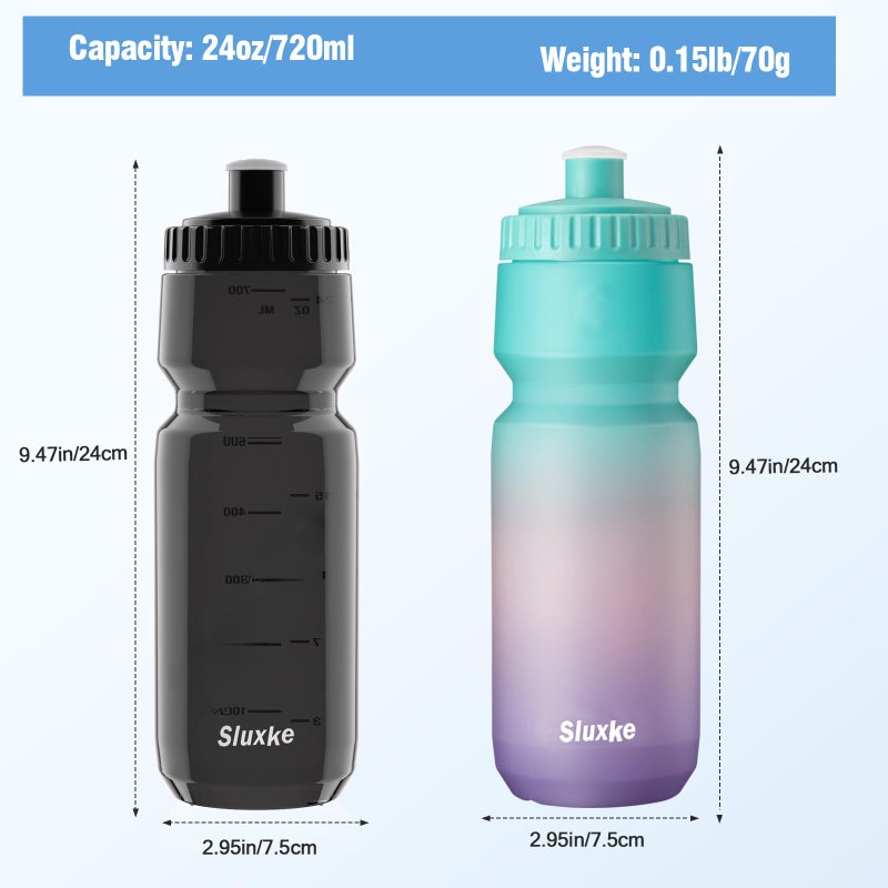 SLUXKE 24oz Bicycle Water Bottle 2Pack, 720ml Sports Squeeze Bottle BPA Free, Durable Fits Most Bike Cycling Cages - Image 4