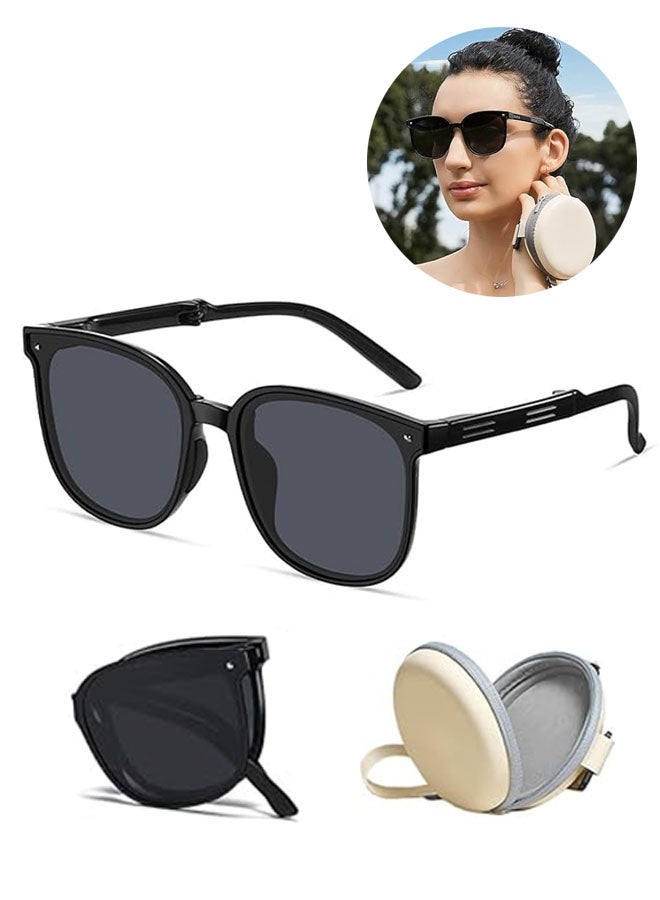 Foldable Sunglasses with Storage Bag, Polarized UV Protection for Women Men, Ultralight Classic Square Sunglasses Frame for Driving Fishing Travel, Black - Image 1