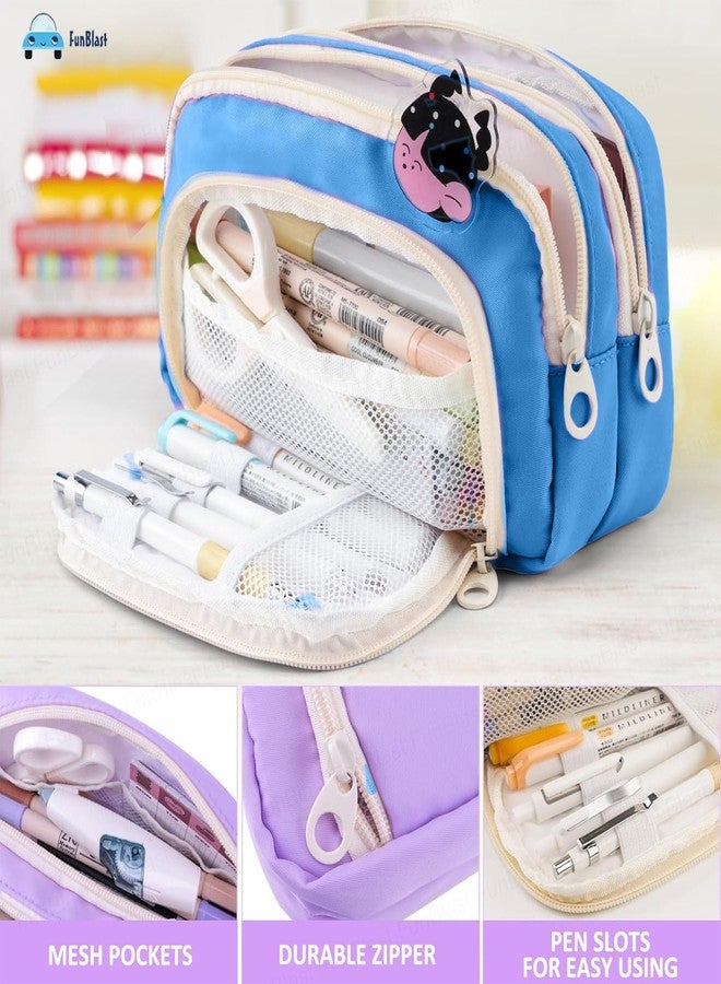FunBlast Large Capacity Pencil Case, Multiple Compartment Double Zipper Portable Pencil Pouch, Aesthetic Pouch, Kawaii Pencil Case, Cute Pouches for Girls, Stationary Organizer Bag (Blue) - Image 5