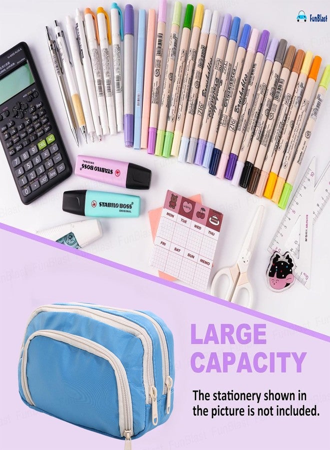 FunBlast Large Capacity Pencil Case, Multiple Compartment Double Zipper Portable Pencil Pouch, Aesthetic Pouch, Kawaii Pencil Case, Cute Pouches for Girls, Stationary Organizer Bag (Blue) - Image 4
