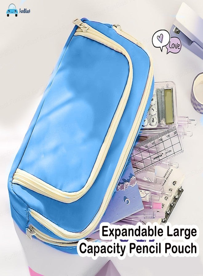 FunBlast Large Capacity Pencil Case, Multiple Compartment Double Zipper Portable Pencil Pouch, Aesthetic Pouch, Kawaii Pencil Case, Cute Pouches for Girls, Stationary Organizer Bag (Blue) - Image 2