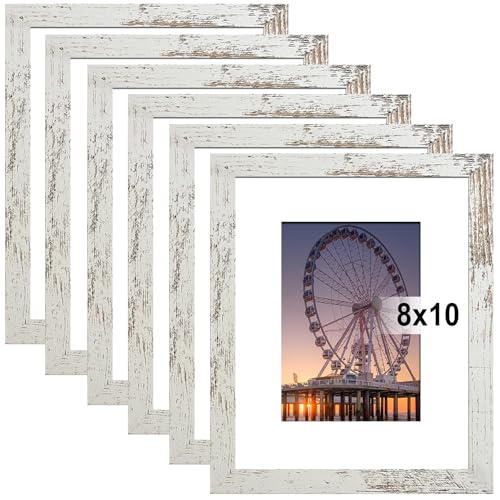 BESCRCL 8x10 Picture Frame Distressed White Set of 6, Display Pictures 5x7 with Mat or 8x10 Without Mat for Wall Mounting or TableTop - Image 1